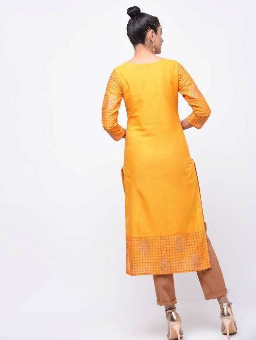 Aniyah Cotton Block Printed Yellow Straight Kurta (AN-137K)