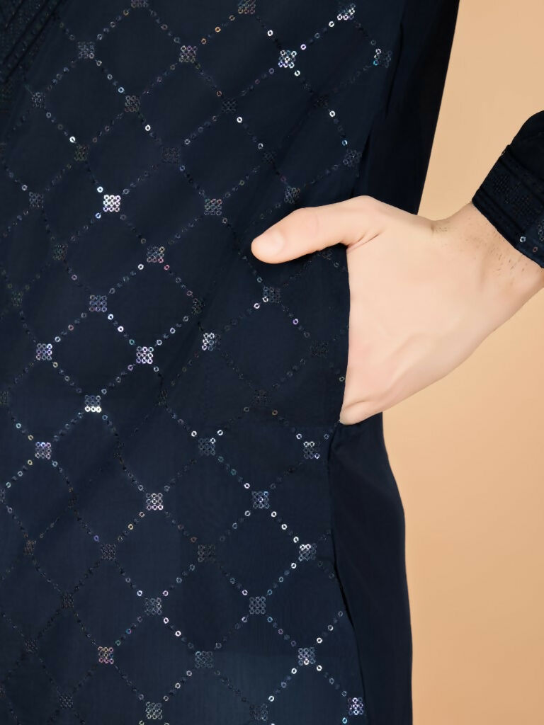 Vastranavya Navy Blue Exclusive Festival Wear Viscose Silk Thread & Sequence Embroidered Work Kurta with Dupatta