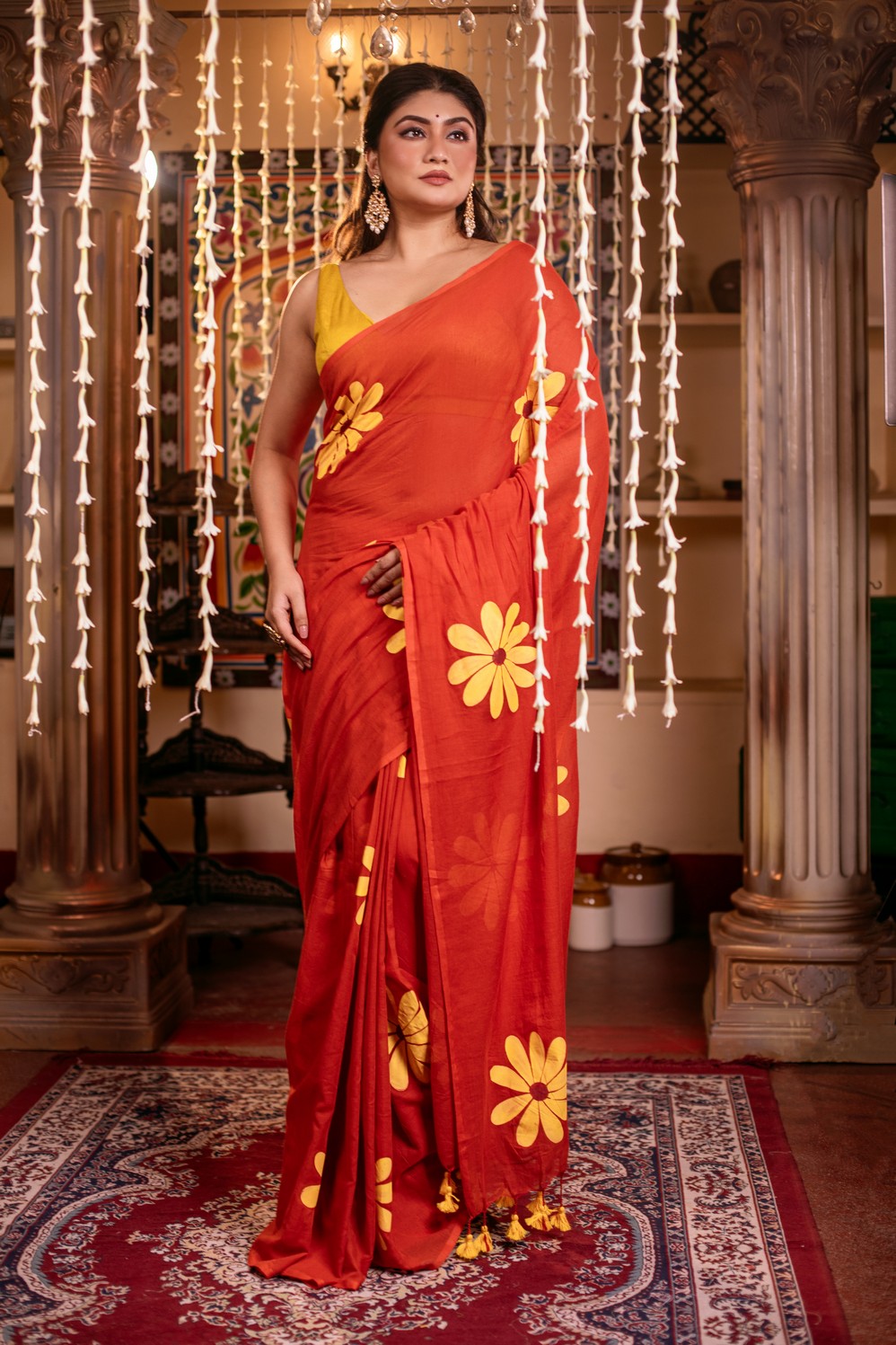 Very Much Indian Mastaani - Pure Mul Cotton Handloom Saree with Beautiful Floral Handpaint - Red - Distacart