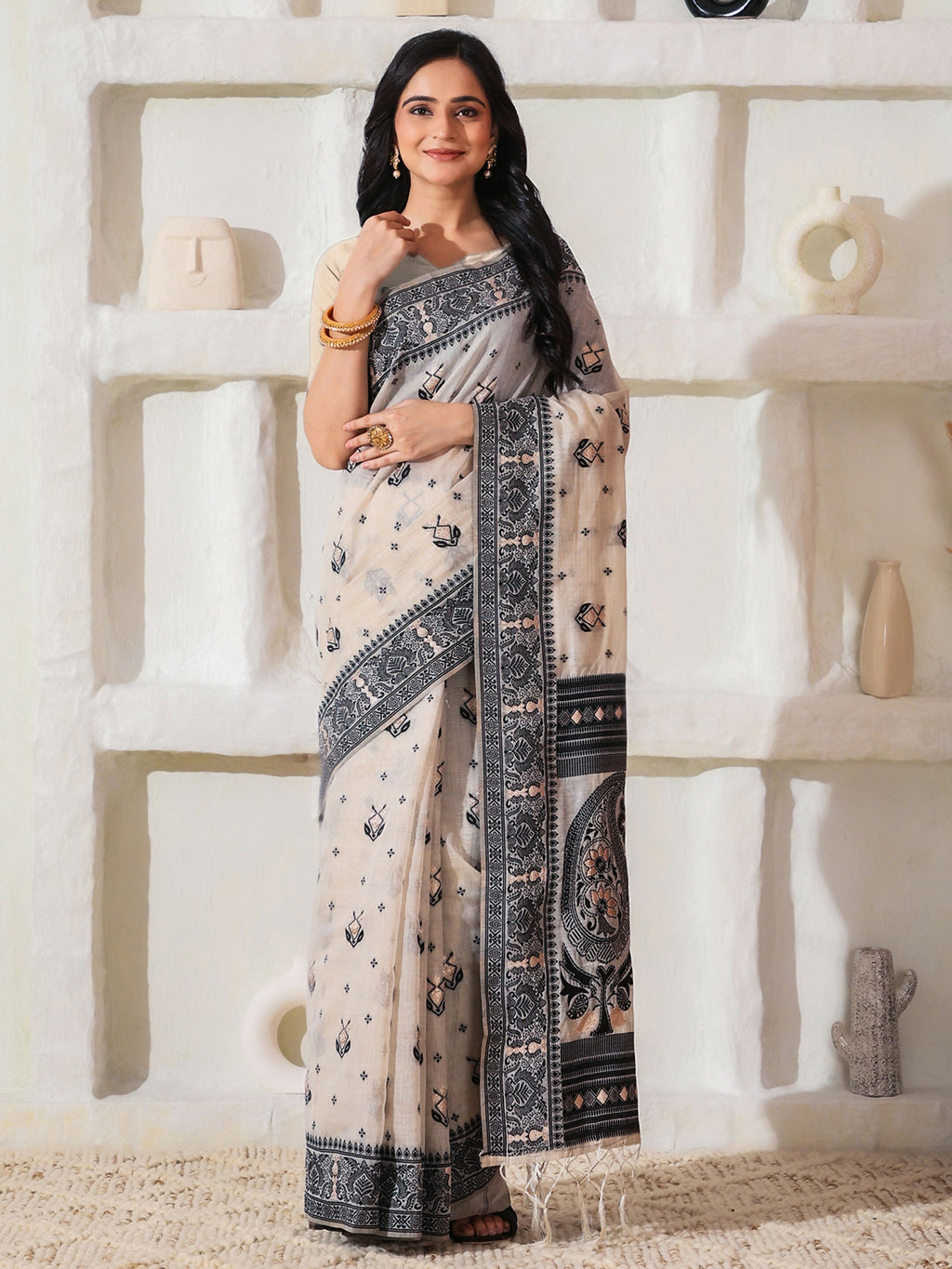 Shree Shyam Fashion Linen Cotton Black & Cream Saree - Distacart