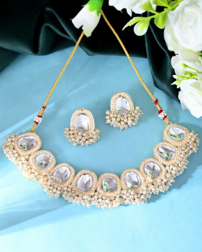 VOJ Gold-Polished Kundan Studded Choker And Earrings Set