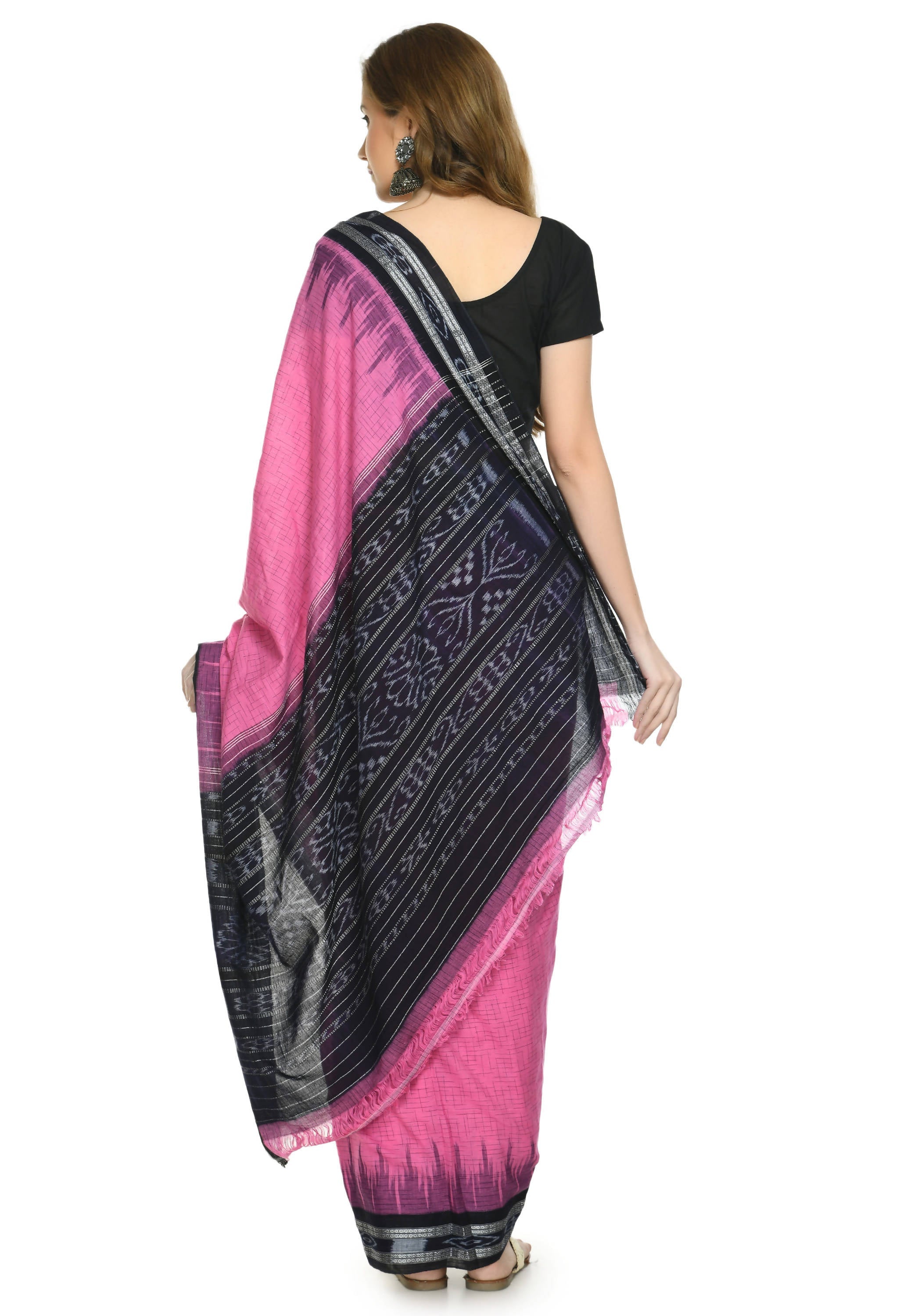 Vamika Sambalpuri Ikat Cotton Jharana Pink & Black Saree - Distacart
