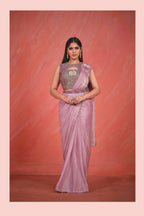 Pink Satin Silk Thread & Sequence with handwork Saree With Stitched Blouse - Mohmanthan Elegancia