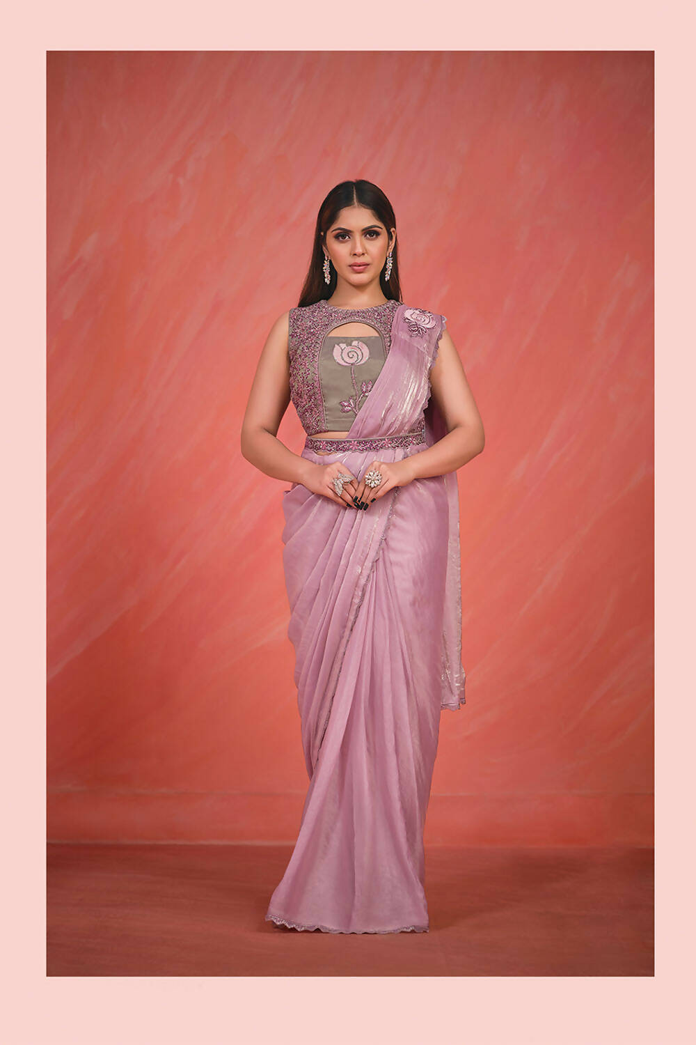 Pink Satin Silk Thread & Sequence with handwork Saree With Stitched Blouse - Mohmanthan Elegancia