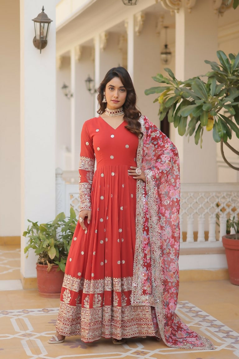 Jyoti Fashion Women's Orange Faux Georgette Sequins Zari Embroideredy Anarkali Dress with Dupatta