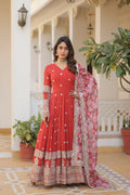 Jyoti Fashion Women's Orange Faux Georgette Sequins Zari Embroideredy Anarkali Dress with Dupatta