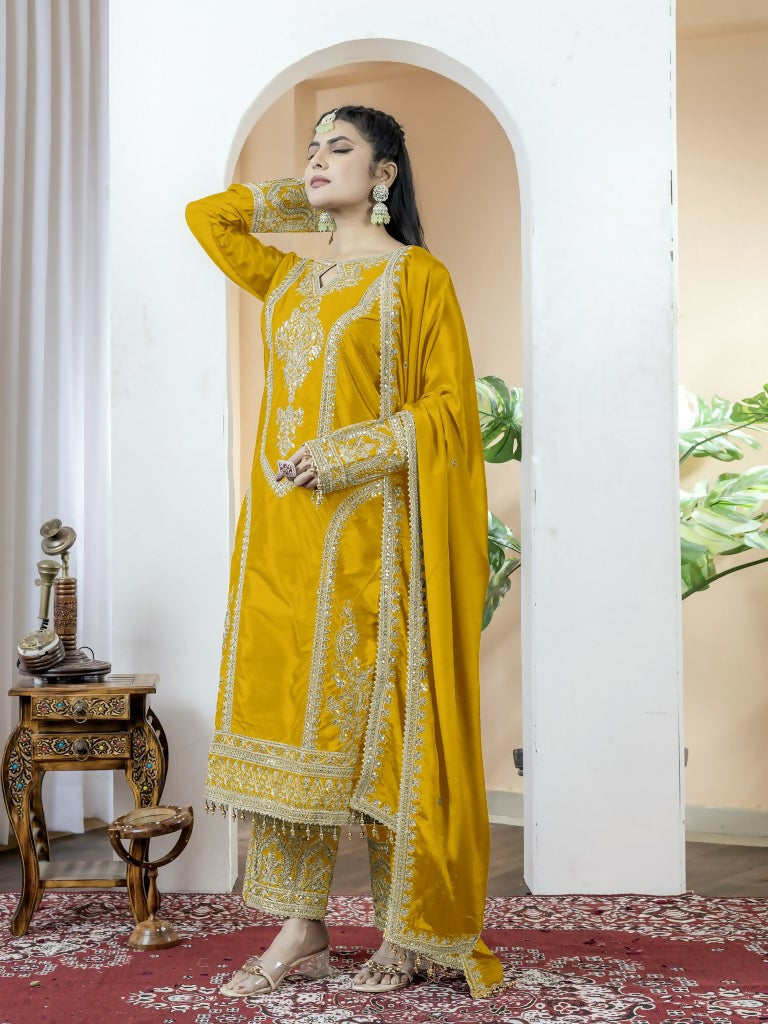 Teeya Creation Yellow Color Chinnon Silk Embroidery Work Fully Stitched Salwar Suit - Distacart