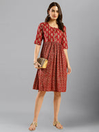 Red Cotton Ethnic Motifs Aline Dress - Poonam - Distacart