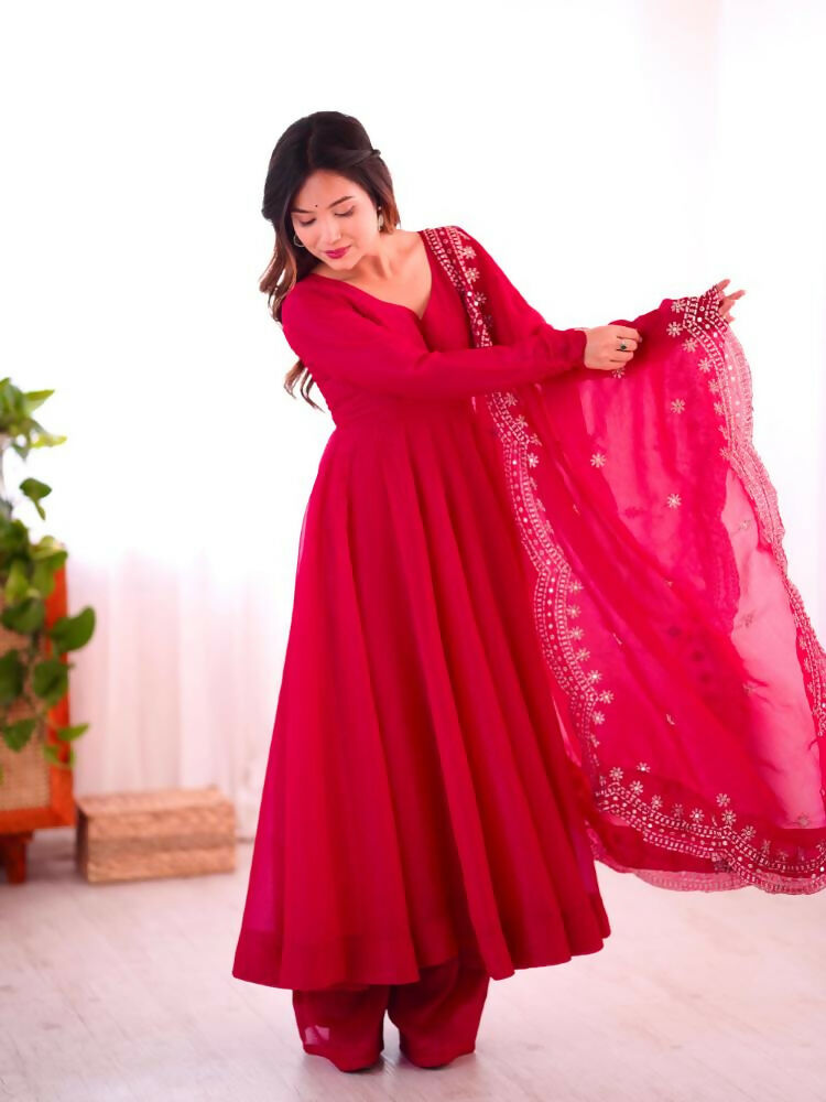 Joban Fashion Red Chinnon Silk Sequence Embroidery Work Readymade Kurta Set - Distacart