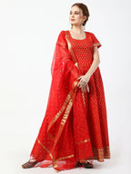 Cheera Women's Red Cotton Hand Block Print Long Dress With Silk Dupatta Set
