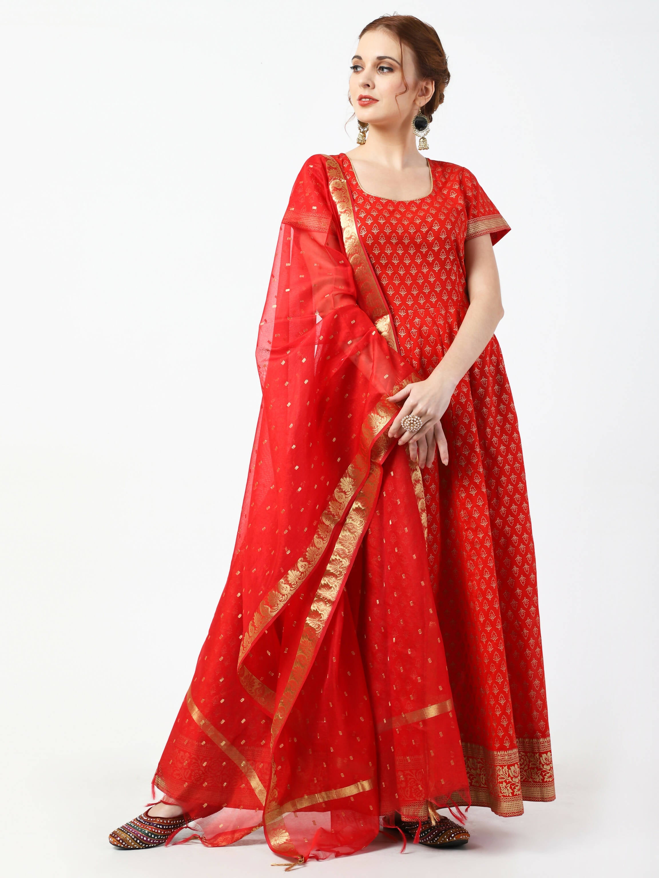 Cheera Women's Red Cotton Hand Block Print Long Dress With Silk Dupatta Set