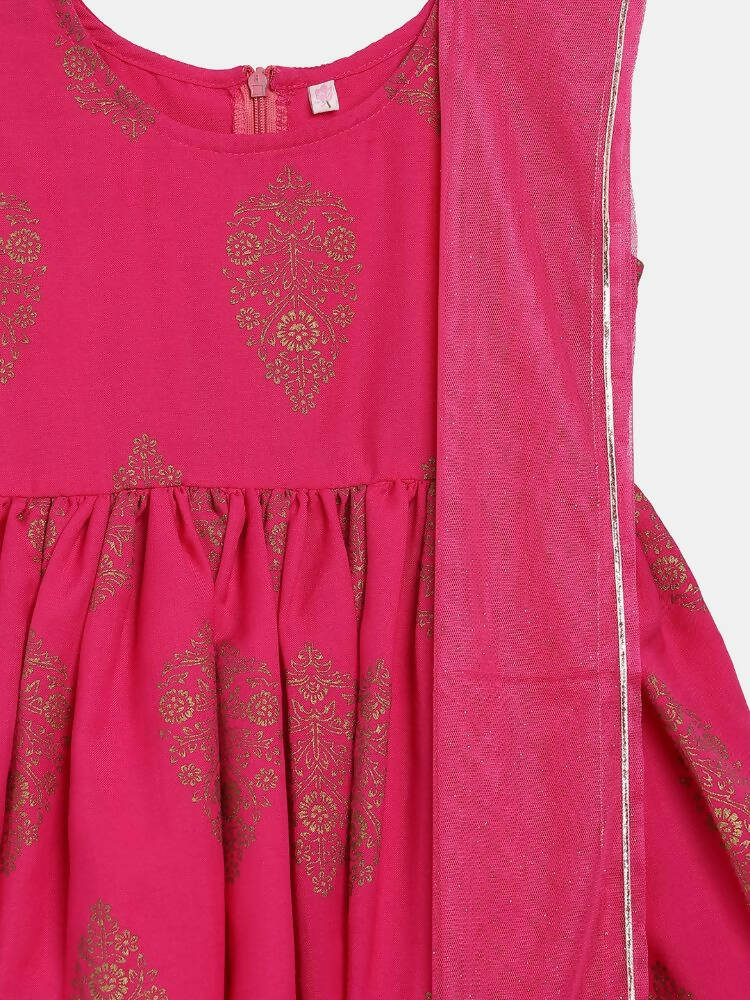 Ahalyaa Pink Rayon Printed Kids Kurta Sharara Set For Girls