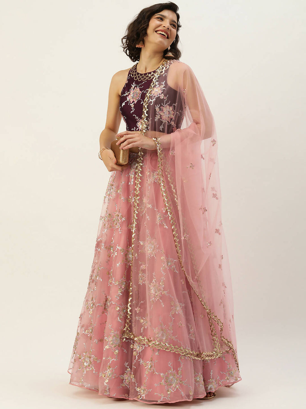 House of Panchhi Pink Net Sequins Embroideried Lehenga