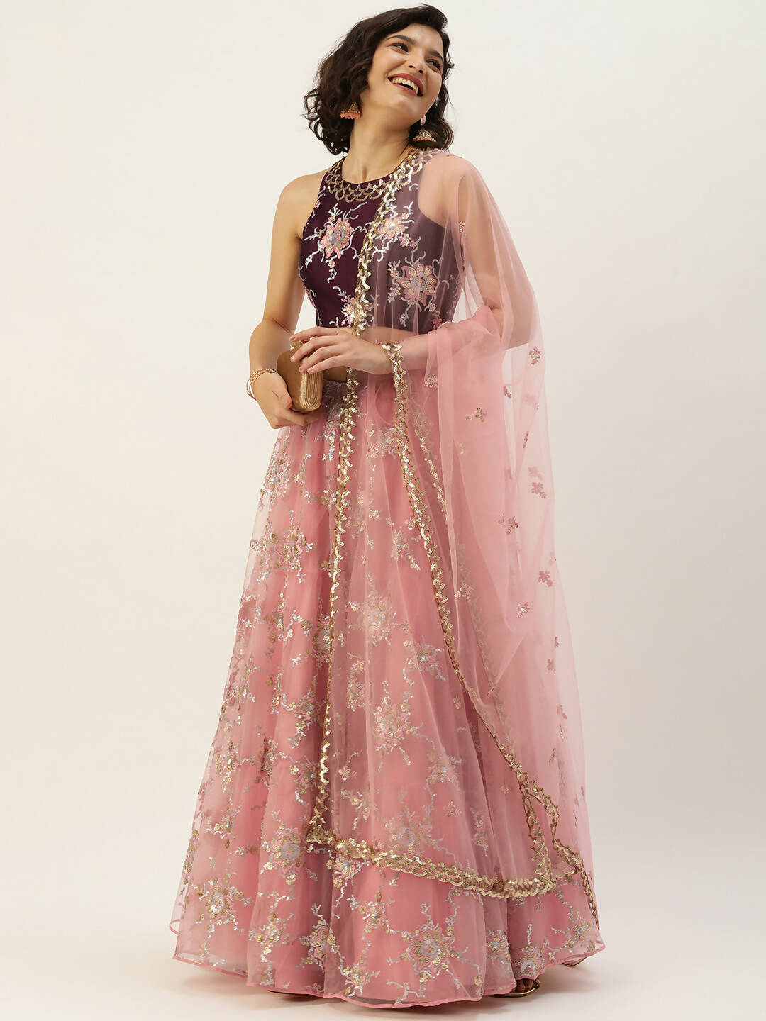 House of Panchhi Pink Net Sequins Embroideried Lehenga