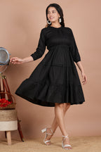 House of RP Women's Black Cotton Solid Tiered Dress - Distacart