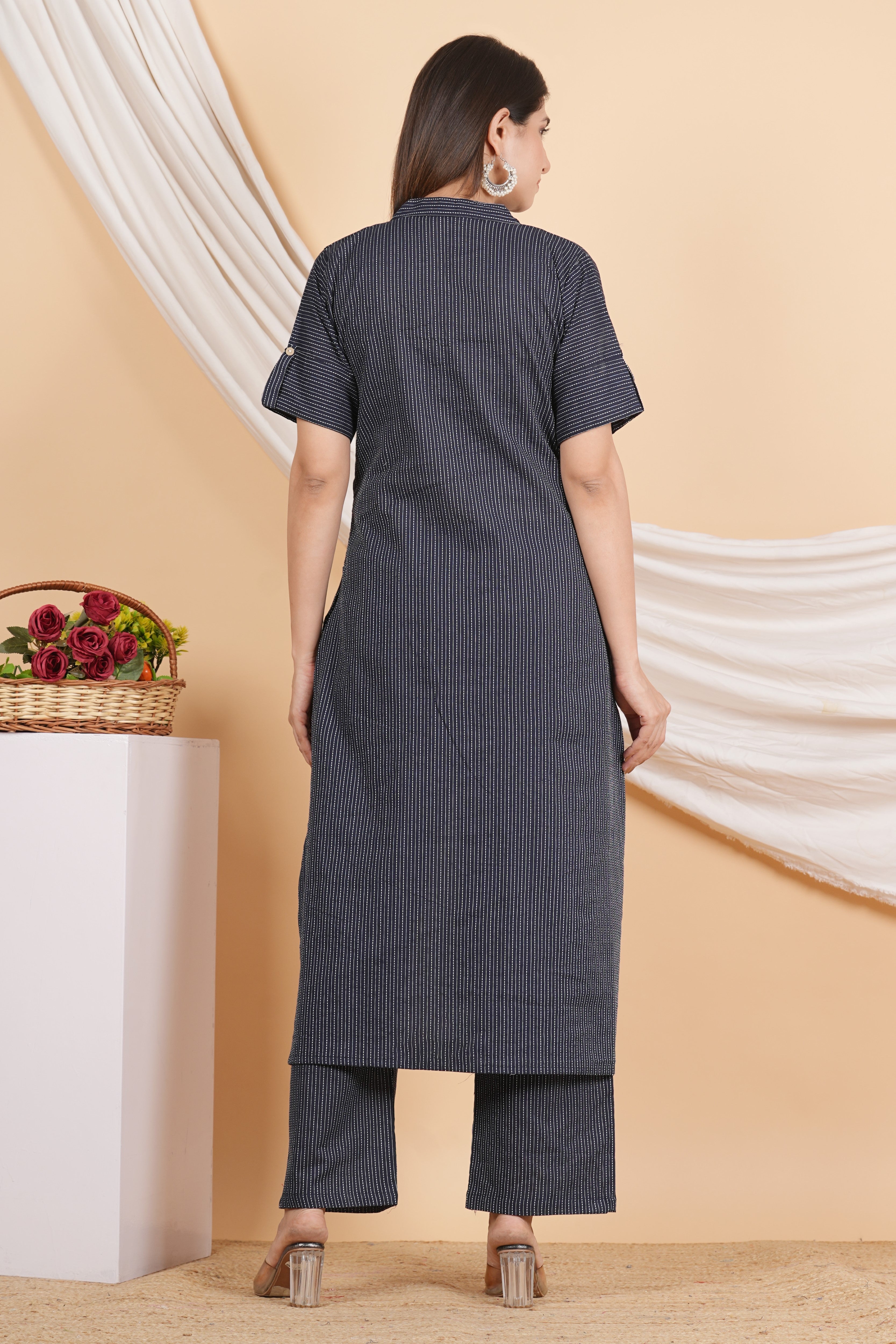 House of RP Women Black Rayon Striped Kurta & Palazzo Set
