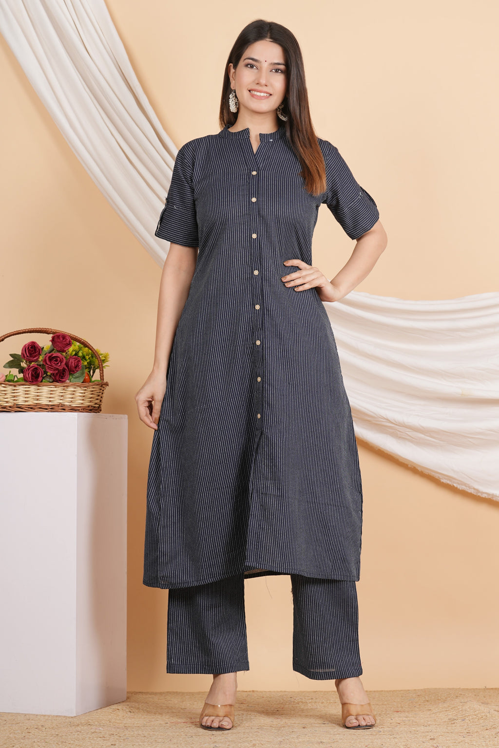 House of RP Women Black Rayon Striped Kurta & Palazzo Set