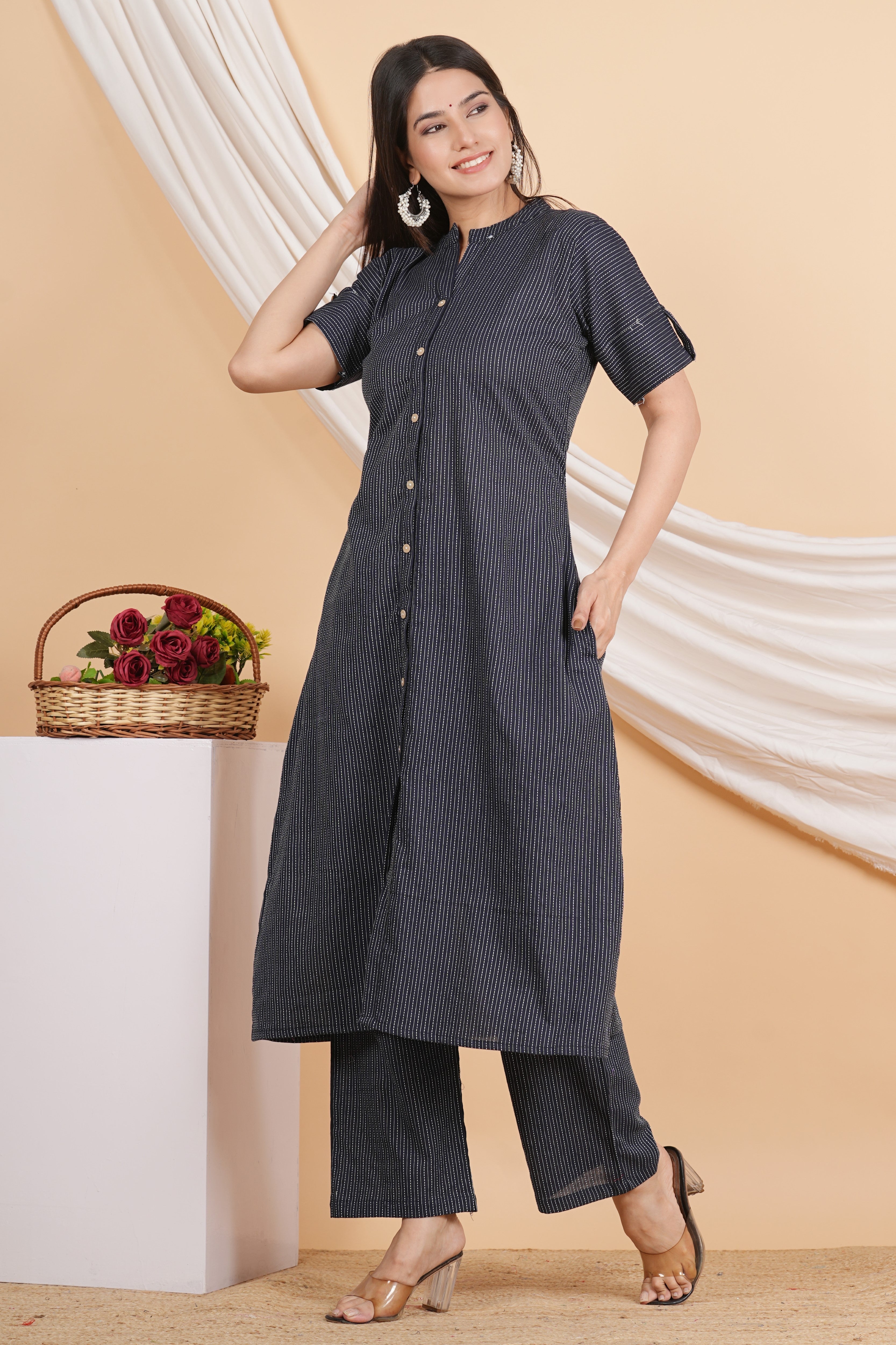 House of RP Women Black Rayon Striped Kurta & Palazzo Set