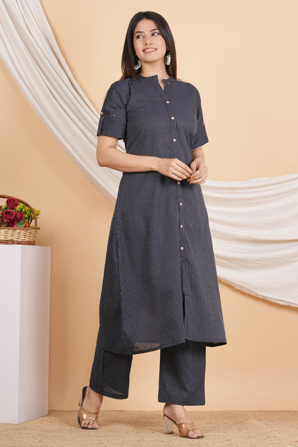House of RP Women Black Rayon Striped Kurta & Palazzo Set
