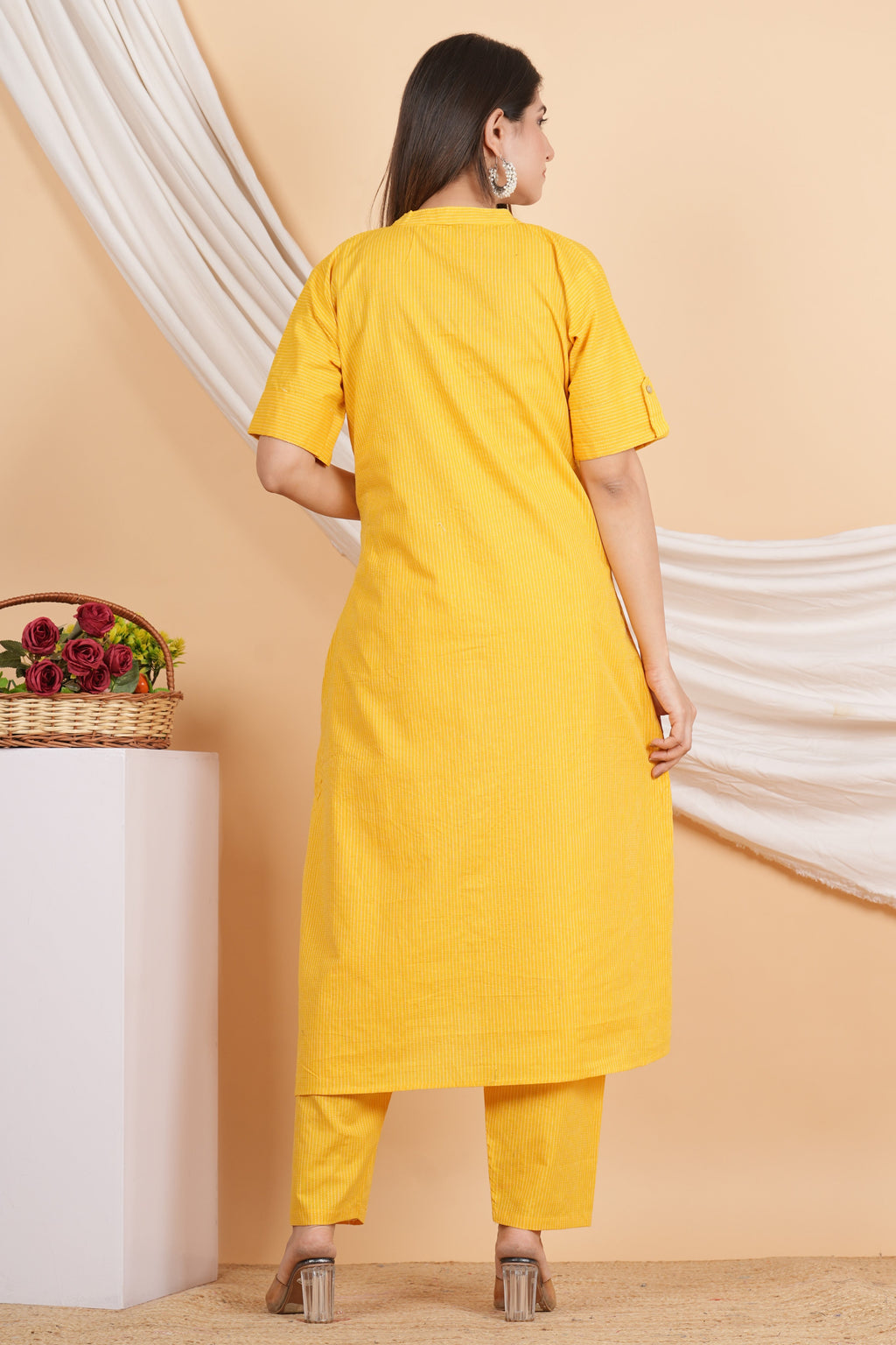House of RP Women Yellow Rayon Striped Kurta & Palazzo Set