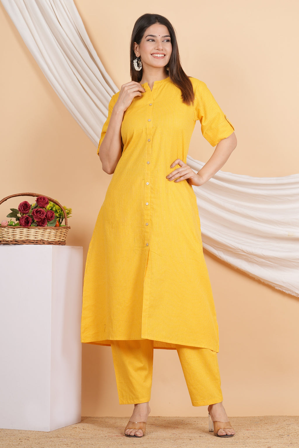 House of RP Women Yellow Rayon Striped Kurta & Palazzo Set