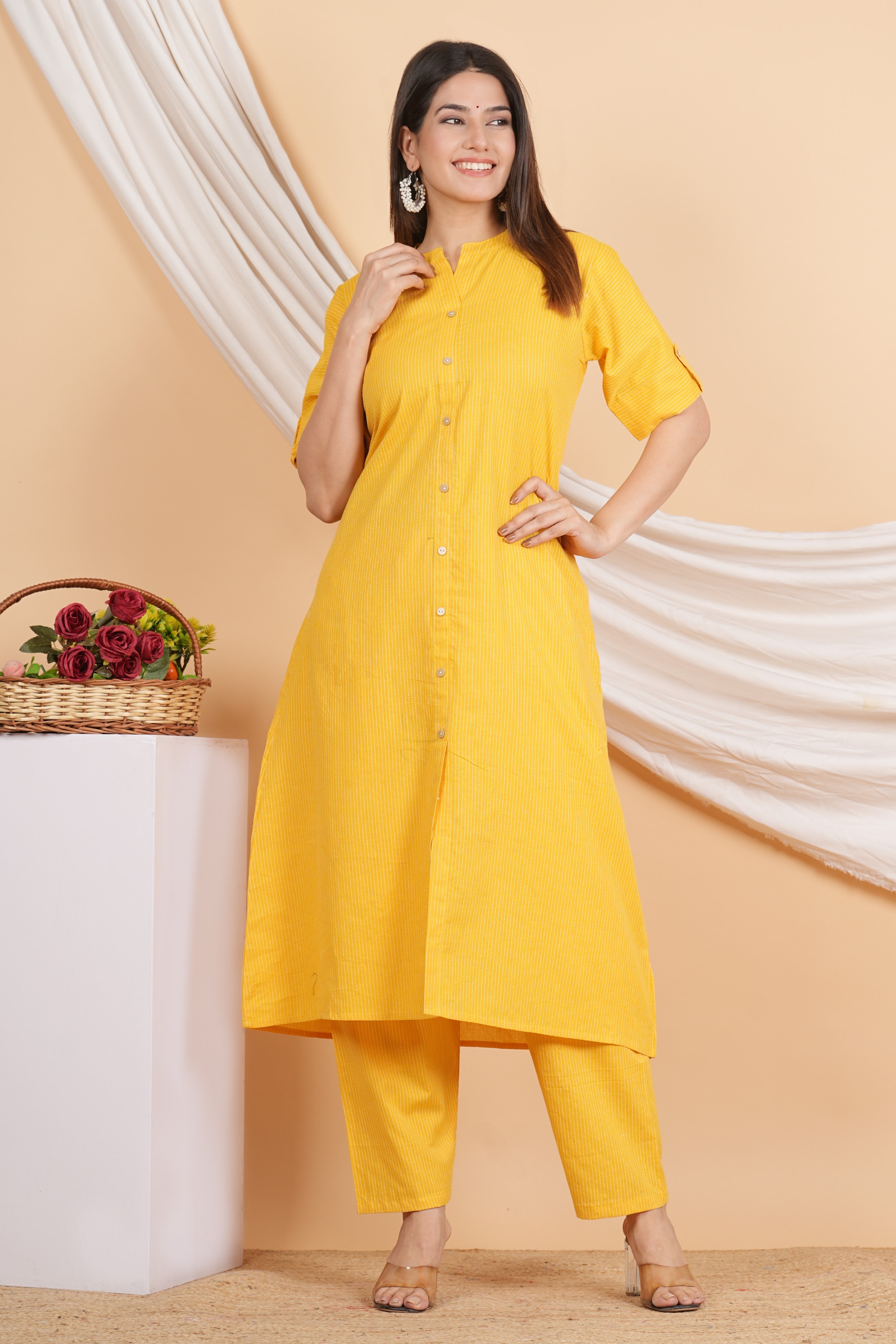 House of RP Women Yellow Rayon Striped Kurta & Palazzo Set