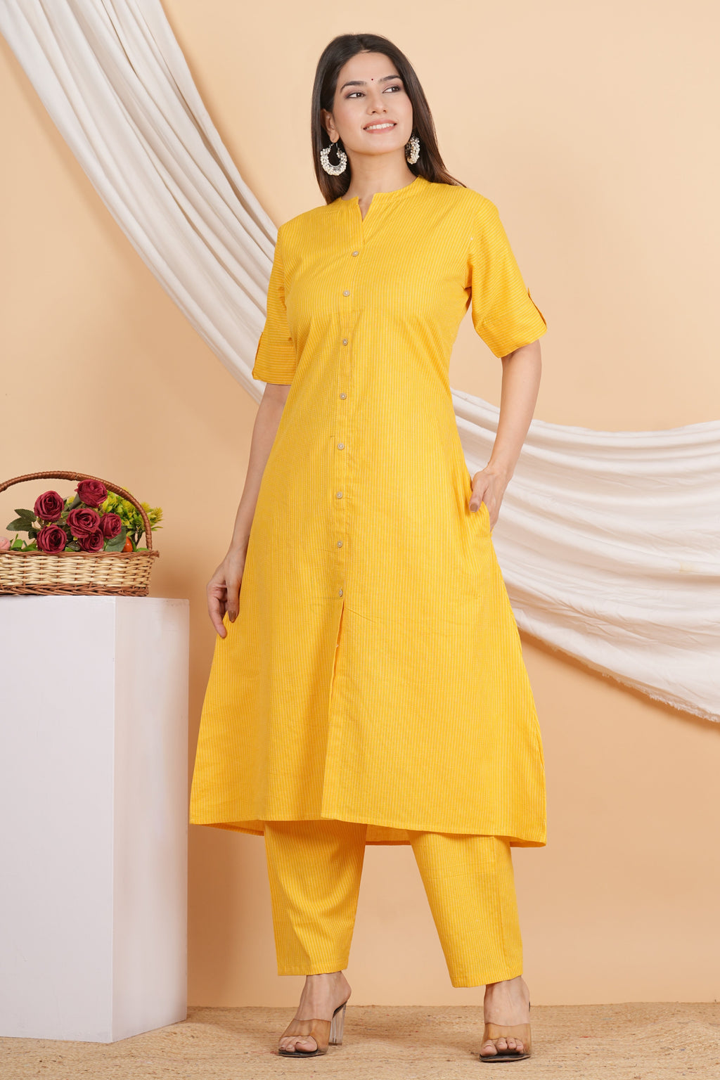 House of RP Women Yellow Rayon Striped Kurta & Palazzo Set