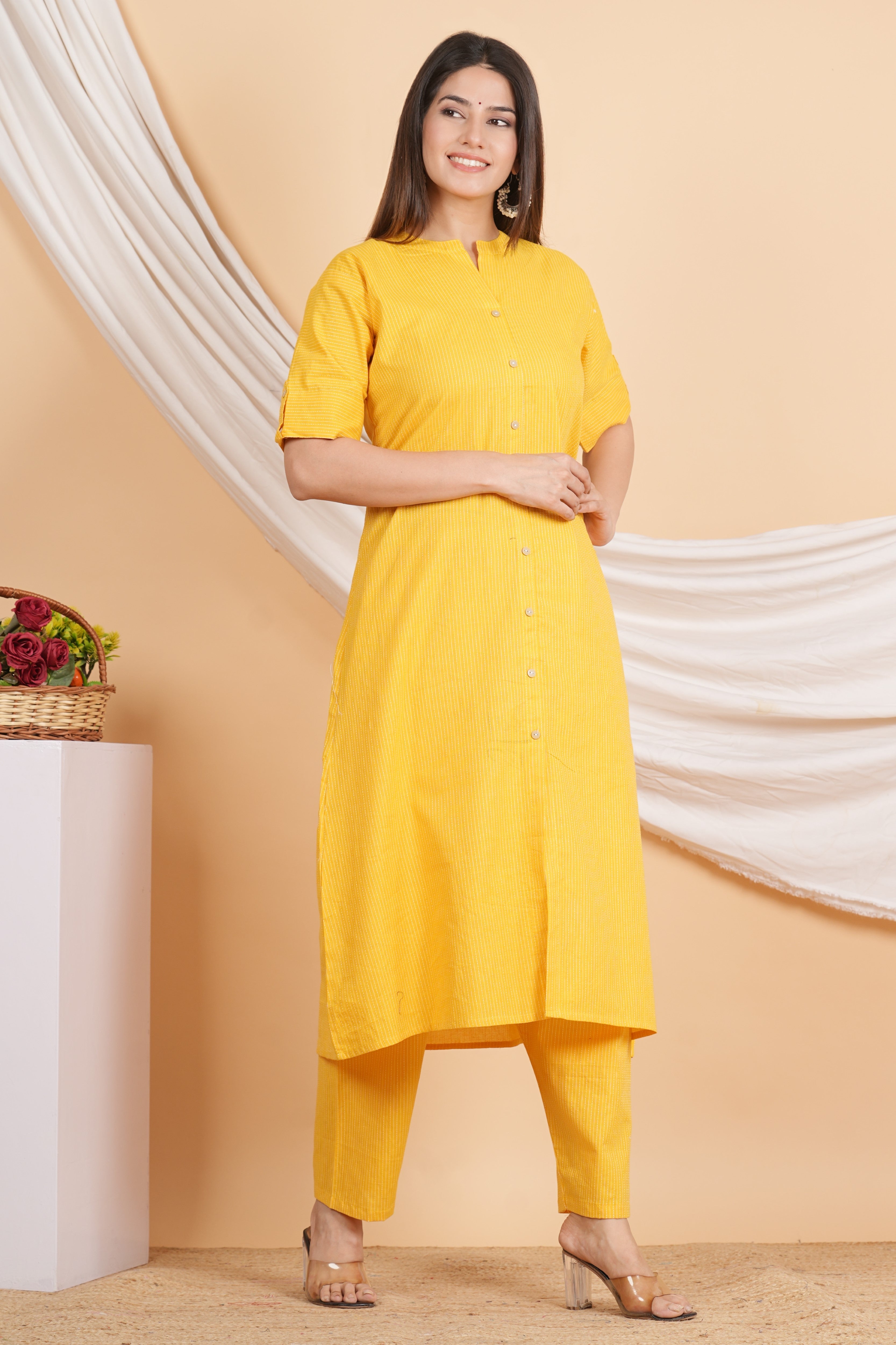 House of RP Women Yellow Rayon Striped Kurta & Palazzo Set