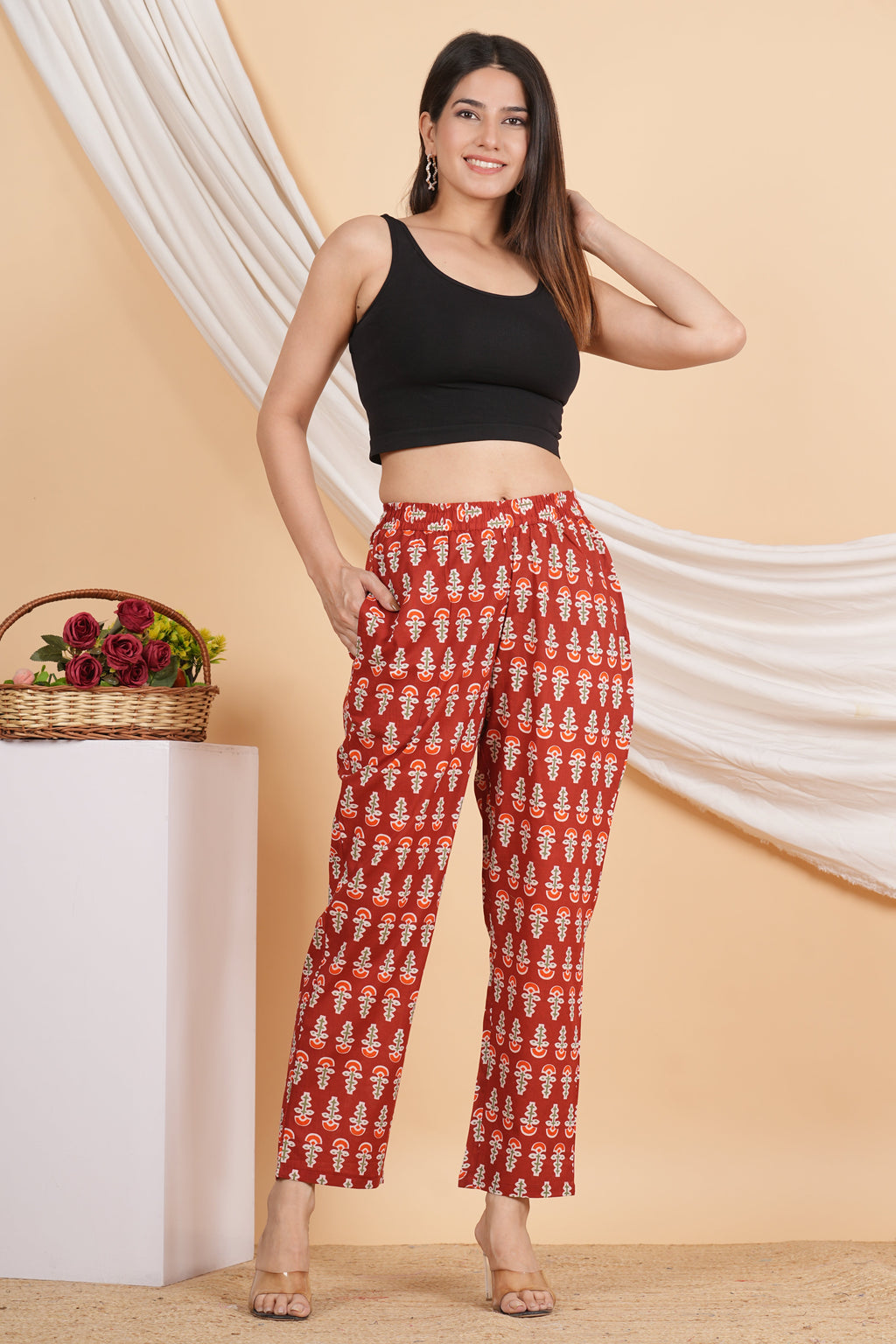 House of RP Women Maroon Cotton casual Trouser