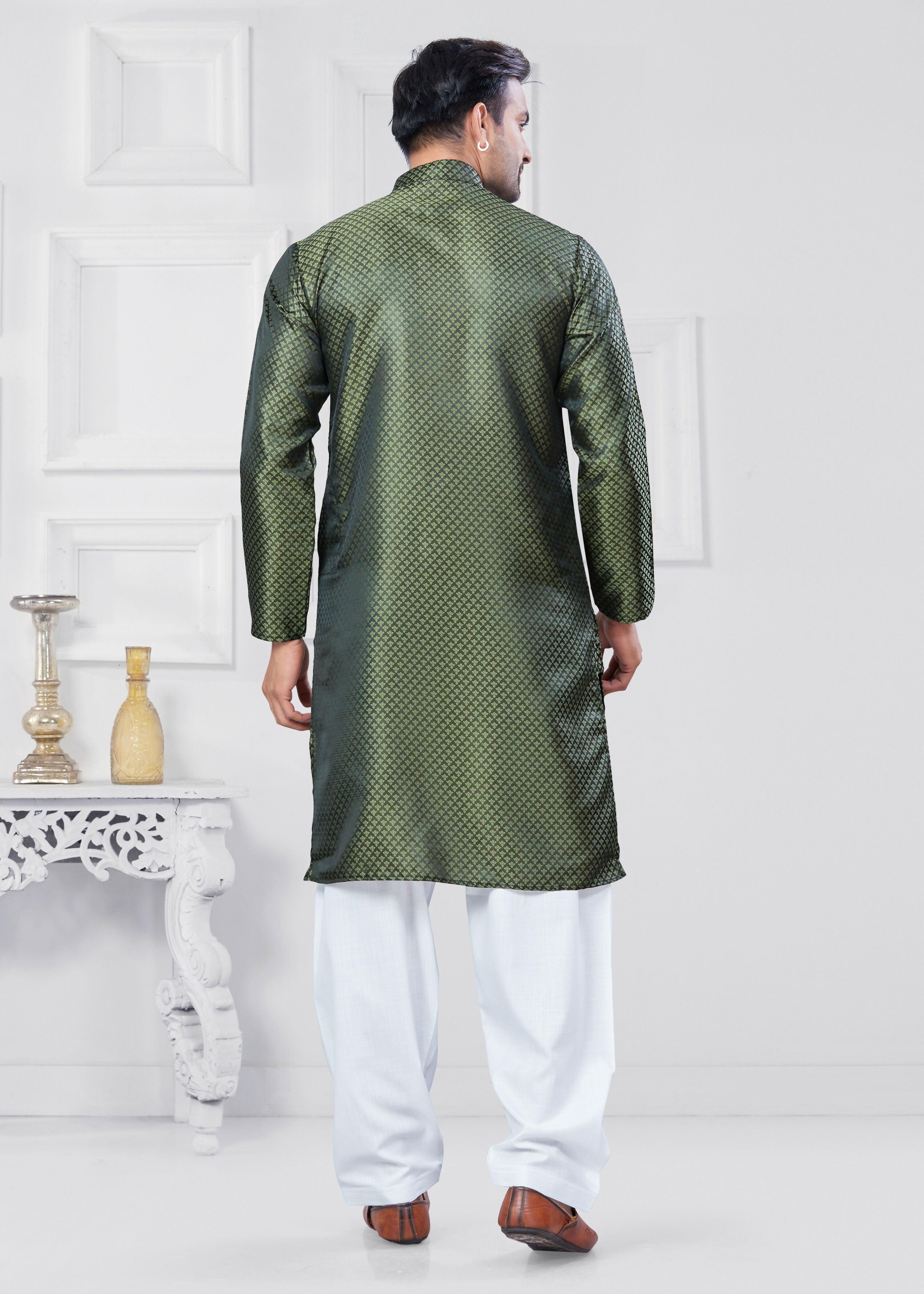 Joban Fashion Men's Jacquard Silk Green Printed Kurta Pyjama set