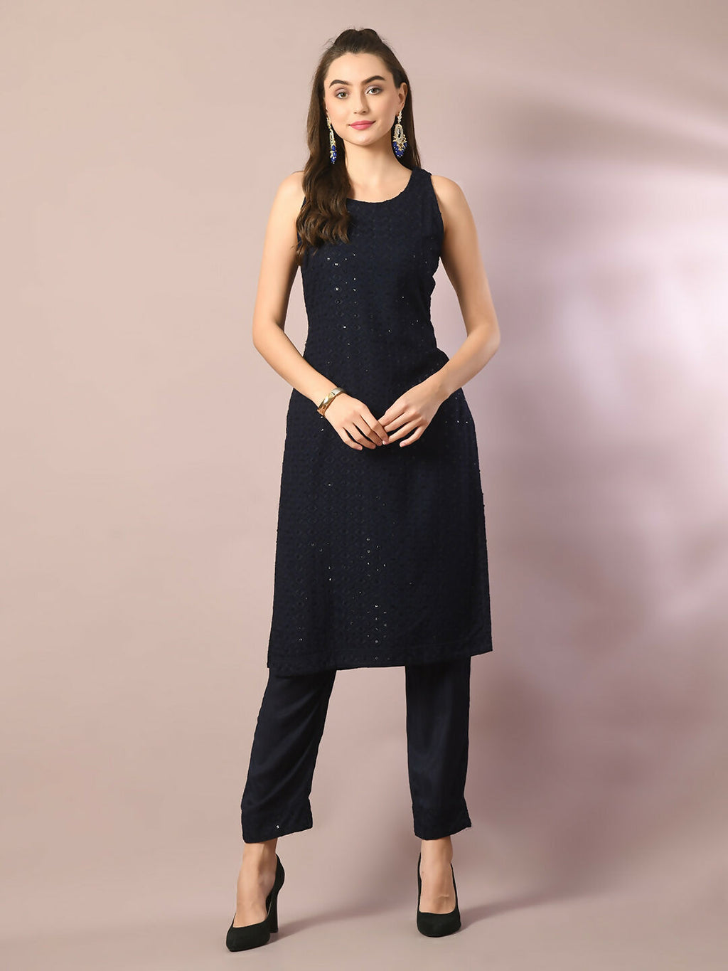 Myshka Women's Navy Blue Embroidered Cotton Straight Party Kurta Set