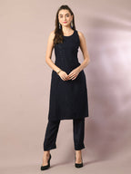 Myshka Women's Navy Blue Embroidered Cotton Straight Party Kurta Set