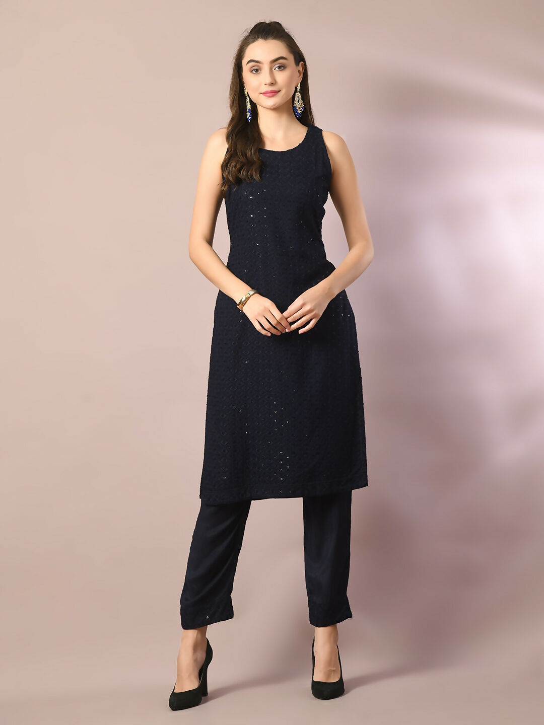 Myshka Women's Navy Blue Embroidered Cotton Straight Party Kurta Set