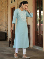 Juniper Women's Blue Cotton Flex Embroidered Straight Kurta - Distacart