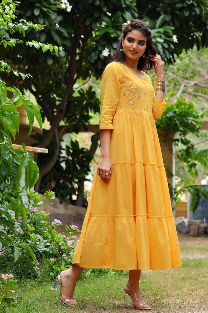Yufta Yellow Cotton Dobby Dress