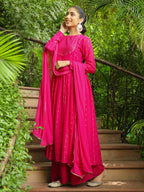 Janasya Pink Georgette Foil Print Kurta,Bottom & Dupatta