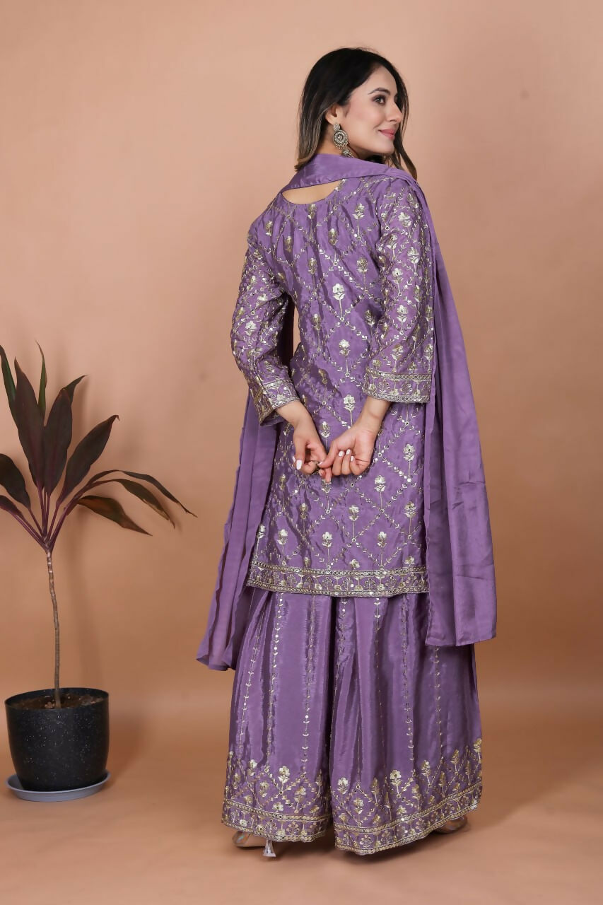 Teeya Creation Lavender Chinon Embroidery Work Party Wear Palazzo Suit - Distacart