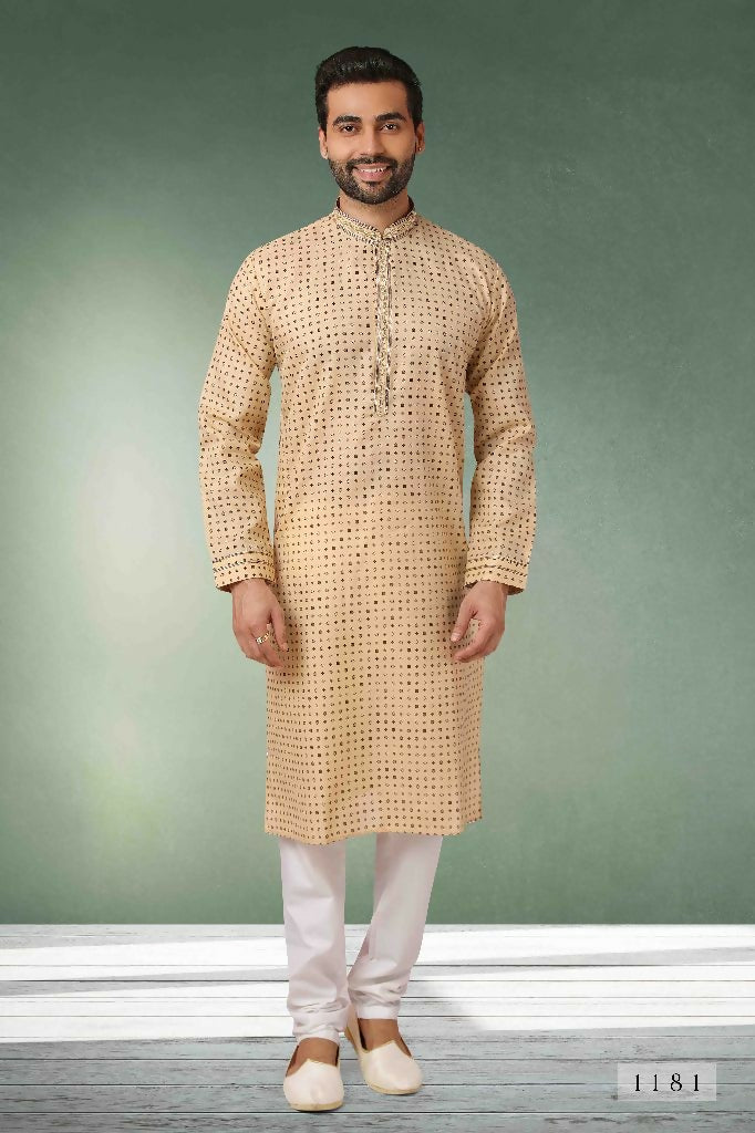 Raivat Ethnic Cotton Printed Work Kurta Pajama In Beige Colour