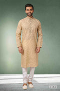 Raivat Ethnic Cotton Printed Work Kurta Pajama In Beige Colour