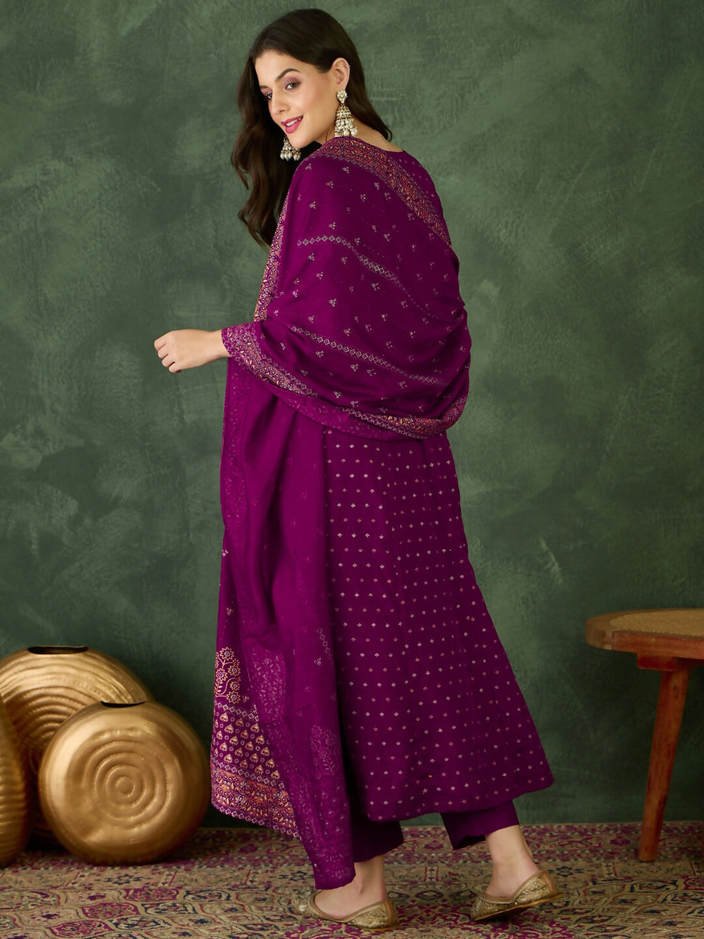 The52 Wine Women's Gorgeous Embroidered Work Vichitra Silk Fabric Flared Kurta Pant and Dupatta Set - Distacart