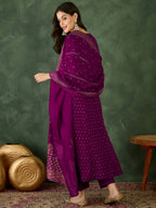 The52 Wine Women's Gorgeous Embroidered Work Vichitra Silk Fabric Flared Kurta Pant and Dupatta Set - Distacart