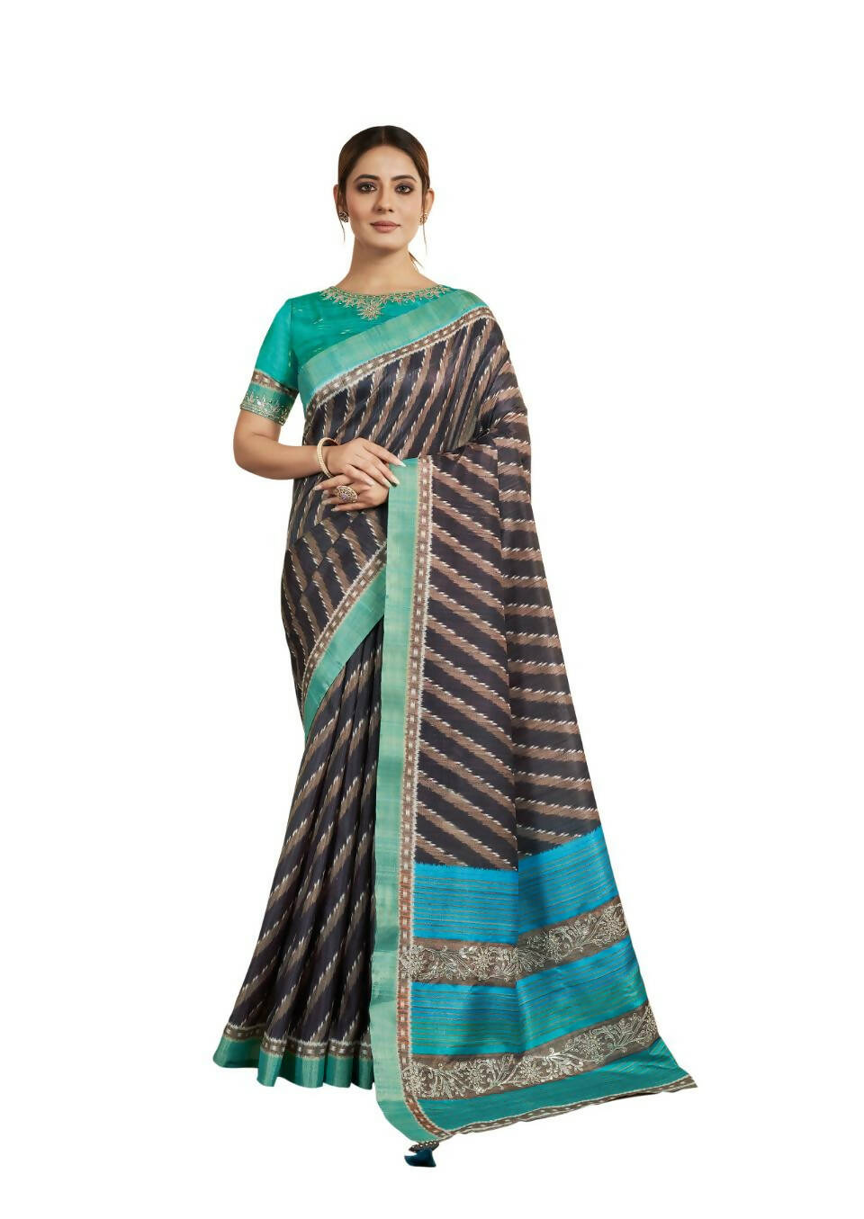 Navy Blue Bhagalpuri Silk Stripe printed with Stone Work & Hand Work Saree - Norita Nirvi - Distacart