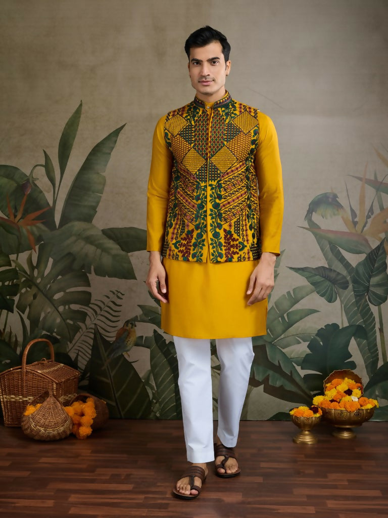 Vastranavya Yellow Exclusive Festival Viscose Silk Thread & Swarovski Embroidered Work Mens Wear Kurta & Koti