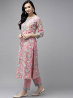 Yufta Pink printed kurta with Trouser & Dupatta Set