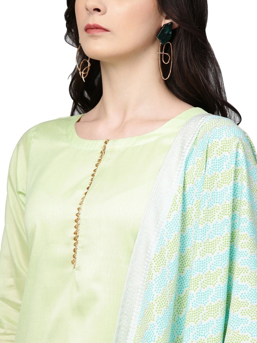 Ahalyaa Women's Sea Green Cotton Blend Solid Kurta Trouser Set With Dupatta