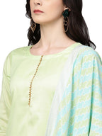 Ahalyaa Women's Sea Green Cotton Blend Solid Kurta Trouser Set With Dupatta
