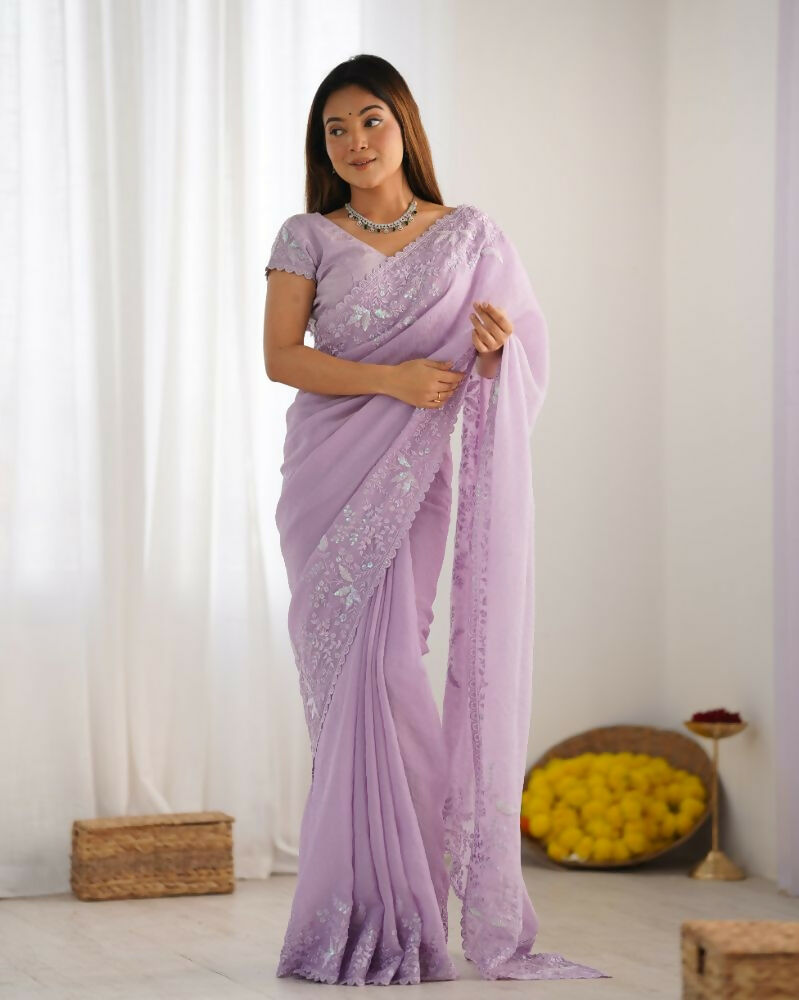 Vamsee Onam Lavender Crushed Fandy Tissue Silk Saree