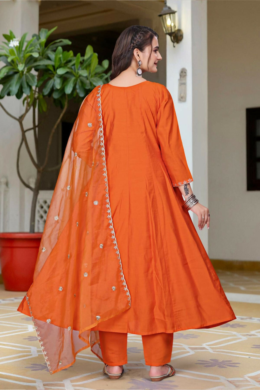The52 Women's Beautiful Vichitra Fabric Embroidery Work Flared Anarkali Pant and Dupatta Set - Distacart