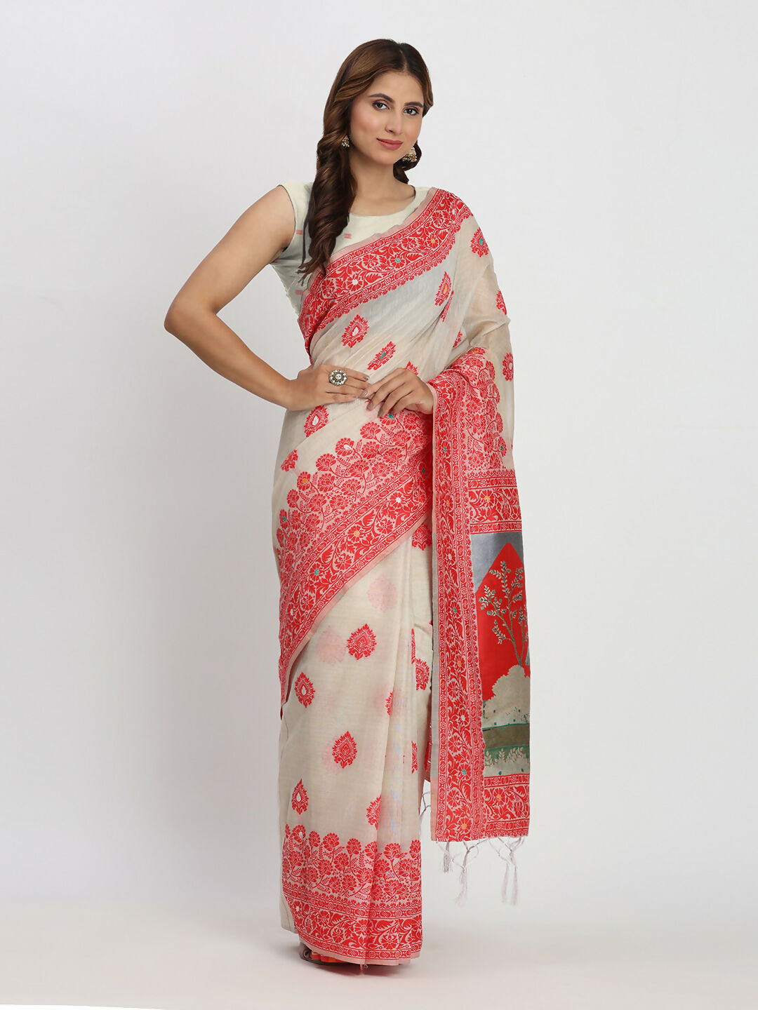 Shree Shyam Fashion Linen Cotton Cream & Red Saree - Distacart