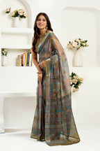Joban Fashion Dusty Green Floral & Ethnic Motifs Linen Ready To Wear Saree With Unstitched Blouse - Distacart